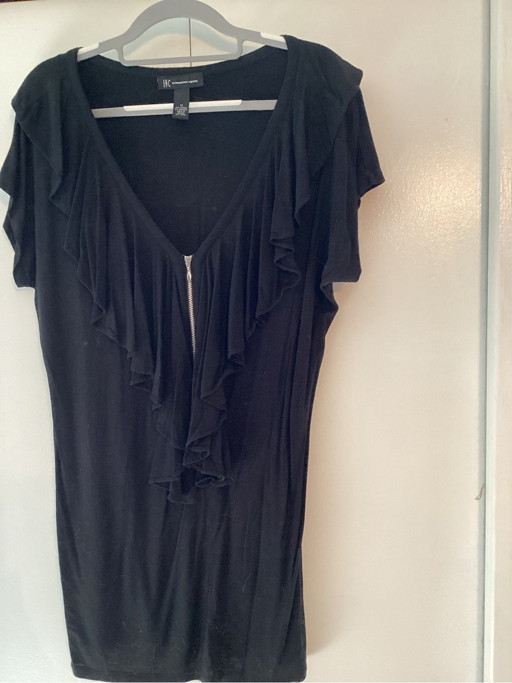 INC International Concepts Black Ruffle Zip-Front Dressy Top